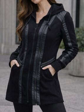 Blanc Noir Black Moto Hooded Jacket Faux Leather Trim Size M